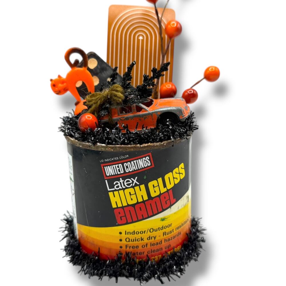 Halloween Road trip Decor centerpiece - Multimedia Assemblage Can